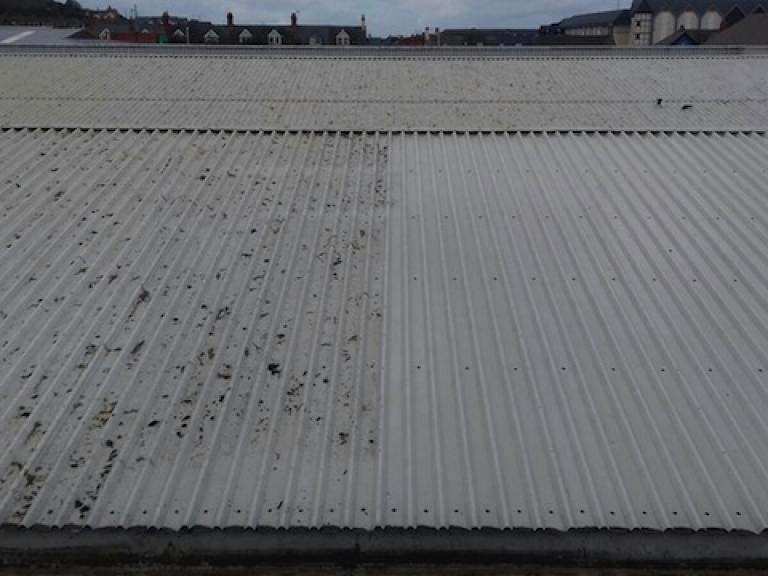 The difference made by pressure washing the roof is clear