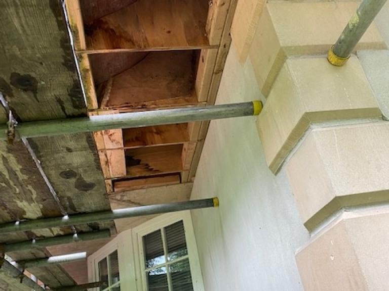 And water damage is clear from the staining of the ply viewed from beneath