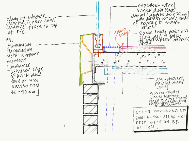 Cross-section showing planned glass balustrade fixing and linear drainage channel