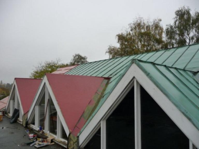 The damaged areas were boarded...