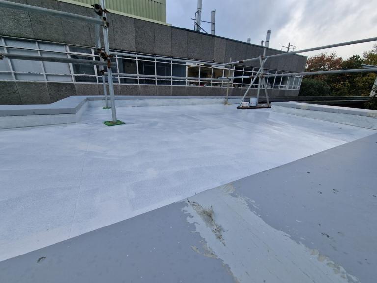 After pressure washing, the entire roof area was coated