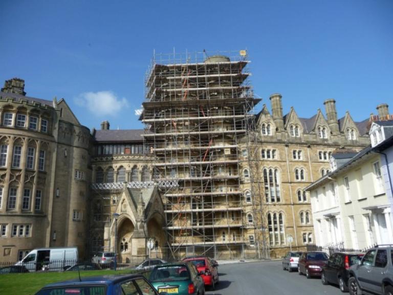 Heights are never a problem - as this parapet roof at Aberystwyth University's Old College shows!